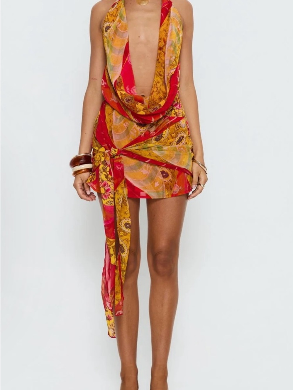 Princess Polly Snakepit Halter Red & Yellow Plunge Mini Dress